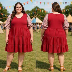 ✨ Red Tiered Dress with Floral Puff Sleeves